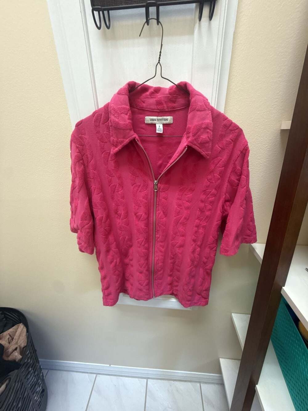 Urban Outfitters Chain Link Jacquard Short Sleeve Zip-Up Shirt